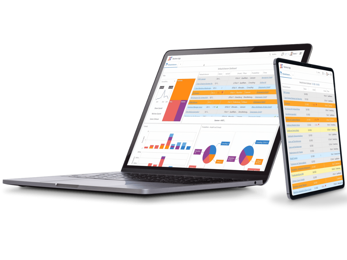 Sistema a medida — mockup laptop con métricas