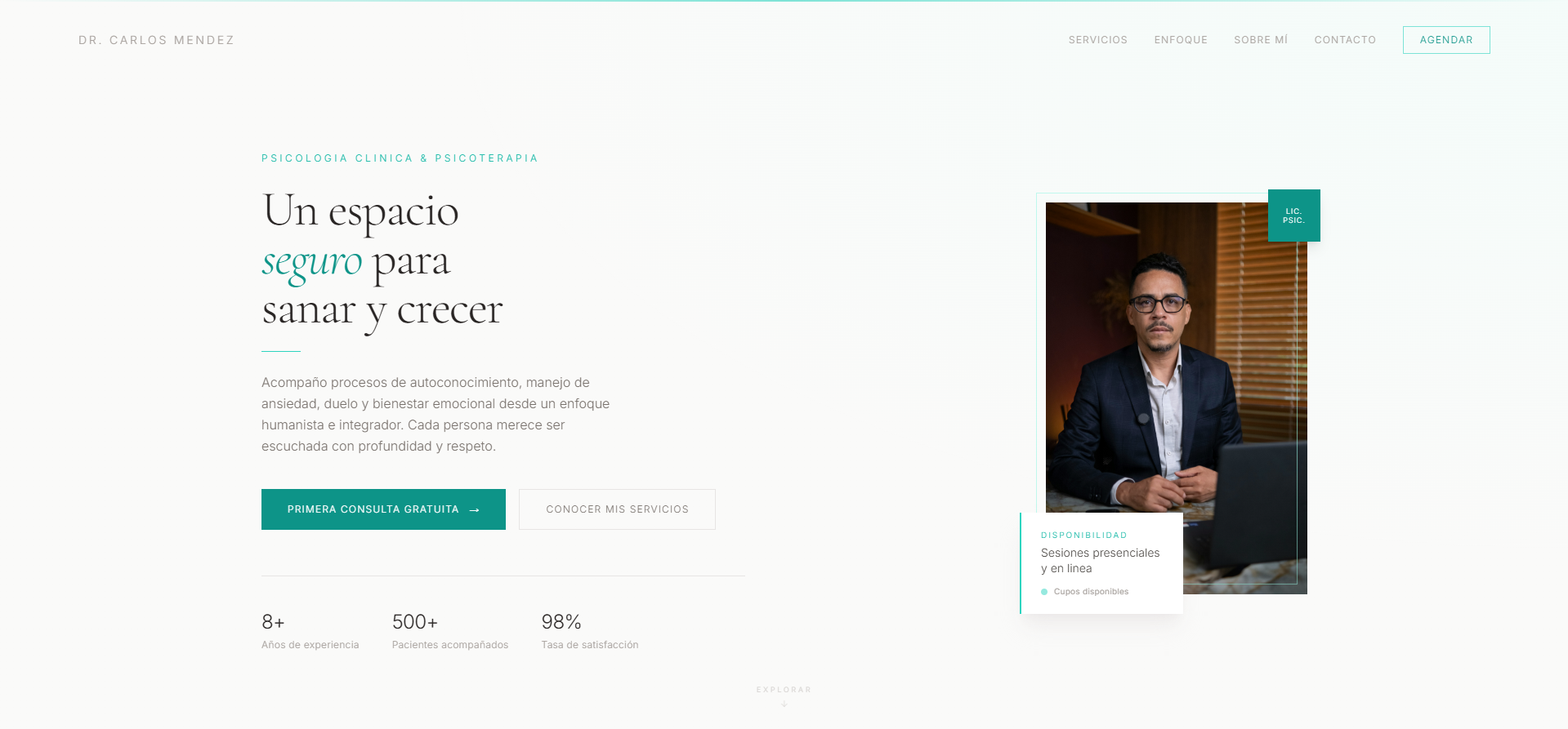 Ejemplo de hero de sitio web diseñado por Temple